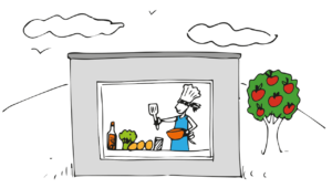 Hand drawn image of a grey building with a person cooking at the window wearing a chef's hat